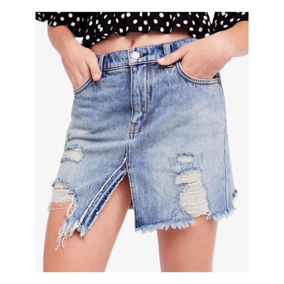 Free People Dresses & Skirts - Free People We The Free Distressed Fray Hem Mini Jean Skirt Sz 27 Blue Denim